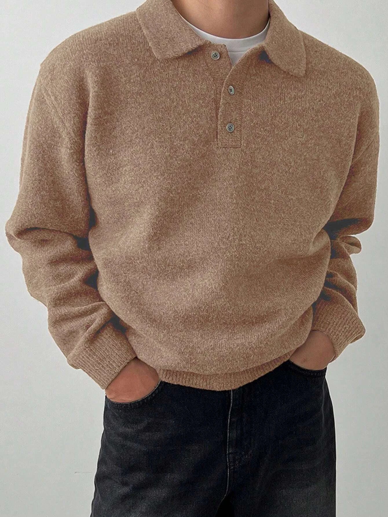 LVLAEA Solid Color Men Fall Winter Loungwear Shirt Long Sleeve Lapel Buttonup Collar Old Money Style Loose Warm Fashion Pullover