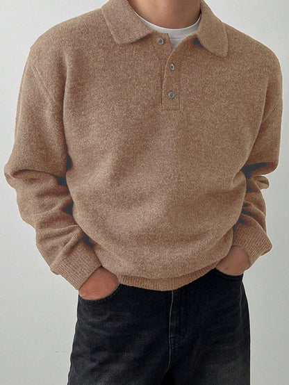 LVLAEA Solid Color Men Fall Winter Loungwear Shirt Long Sleeve Lapel Buttonup Collar Old Money Style Loose Warm Fashion Pullover