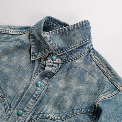 Mens Denim Shirt Vintage American Style Cotton Long Sleeve with Green Buttons