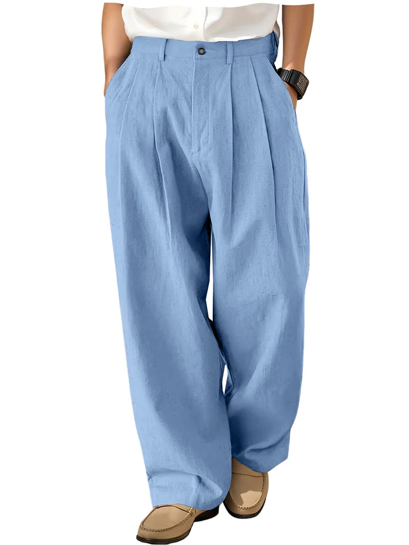 Men's Loose Pleated Wide Leg Pants Breathable Linen Blend Trousers Casual Business Suit Pants Summer Streetwear Daily Wear