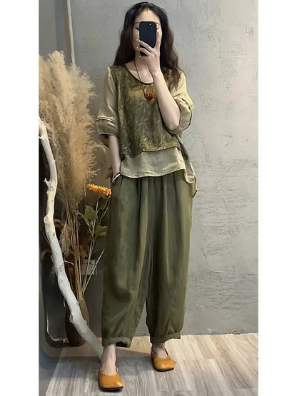 Faionable Cotton Linen Set Women's Summer New Print Patchwork Fake Two-Piece Top Harlan Pants Slimming Two-Piece Set