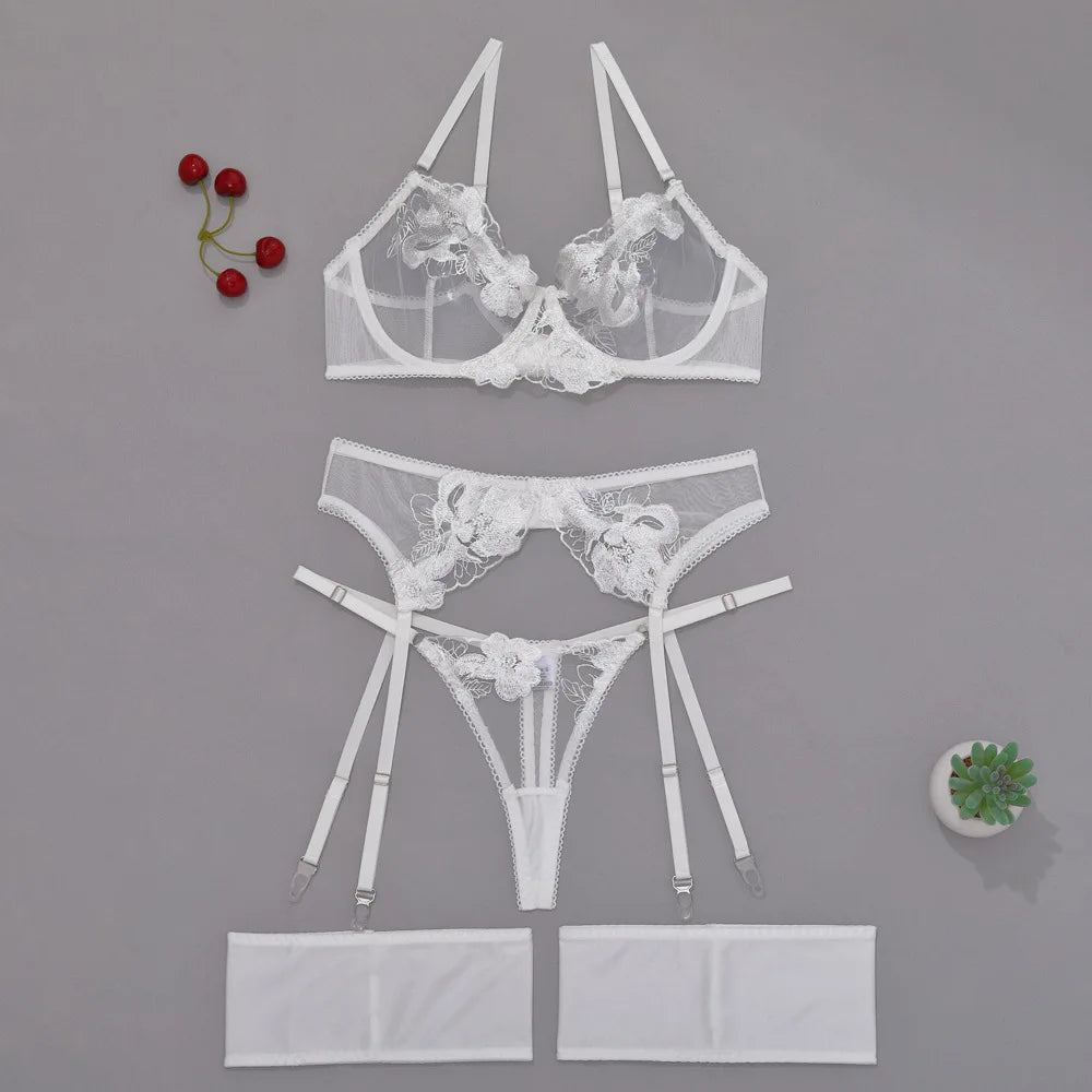 Tornova Sexy Embroidery Lingerie Suit for Women Mesh Patchwork Embroidery Women's Underwear Suit Sexy Garters Mesh Underwear Set
