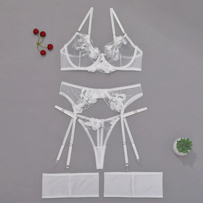 Tornova Sexy Embroidery Lingerie Suit for Women Mesh Patchwork Embroidery Women's Underwear Suit Sexy Garters Mesh Underwear Set