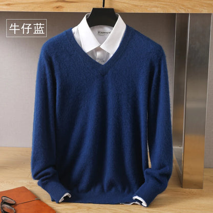 100% Pure Mink Cashmere Sweater Men's V-Neck Pullovers Knit Large Size Mink Sweater Winter New Long Sleeve High-End Jumpers Tops