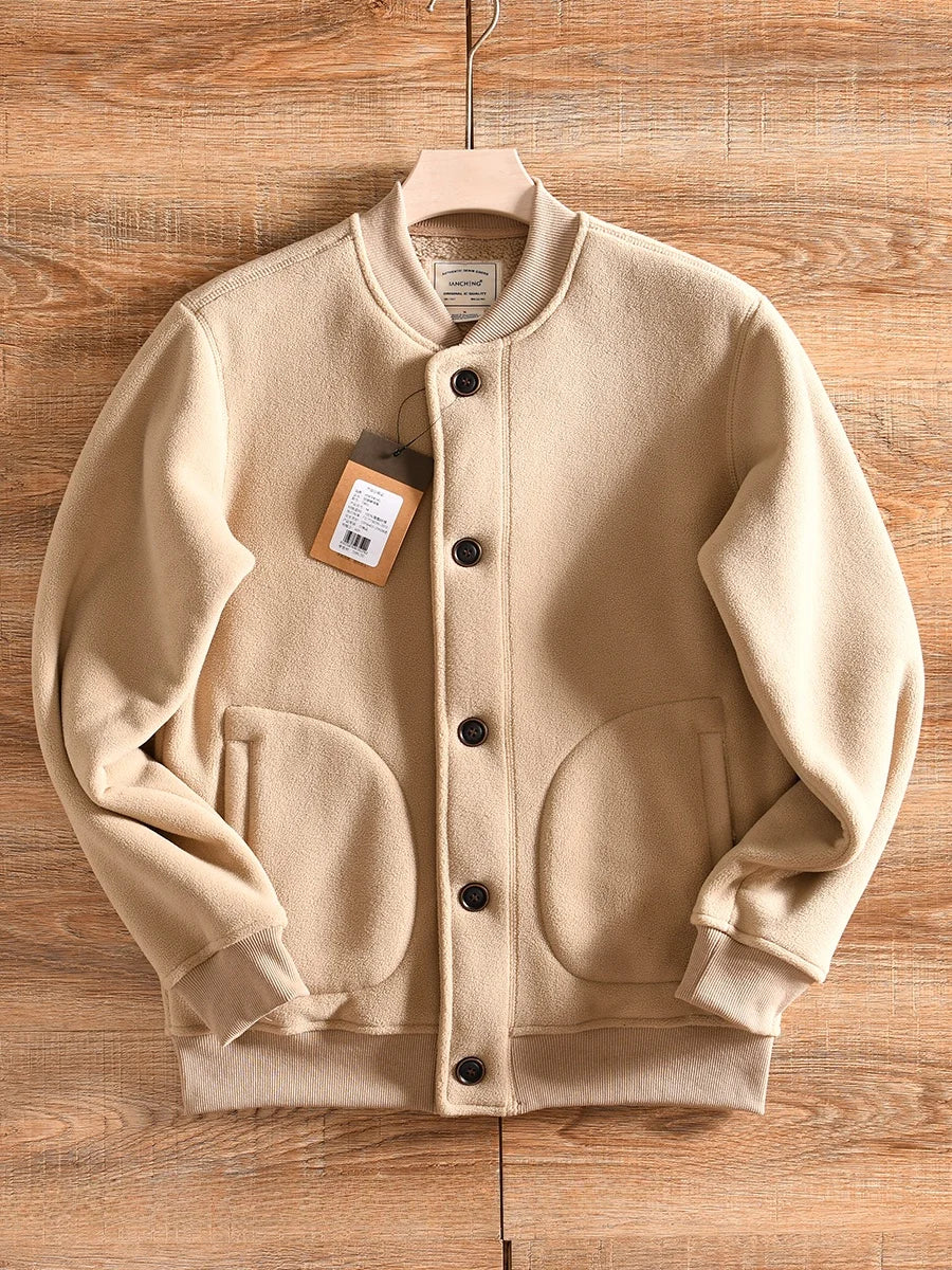 Warm Fleece Lined Double Sided Velvet Winter Jacket American Casual Baseball Collar Men's Outerwear Standard Fit Polyester Fiber