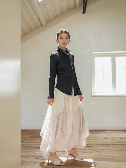 Pleated Women's Solid Shirt High Stretch Standing Lapel Single Breasted Cardigan 2025 Autumn New Long Sleeve Mullet Lace Shirt