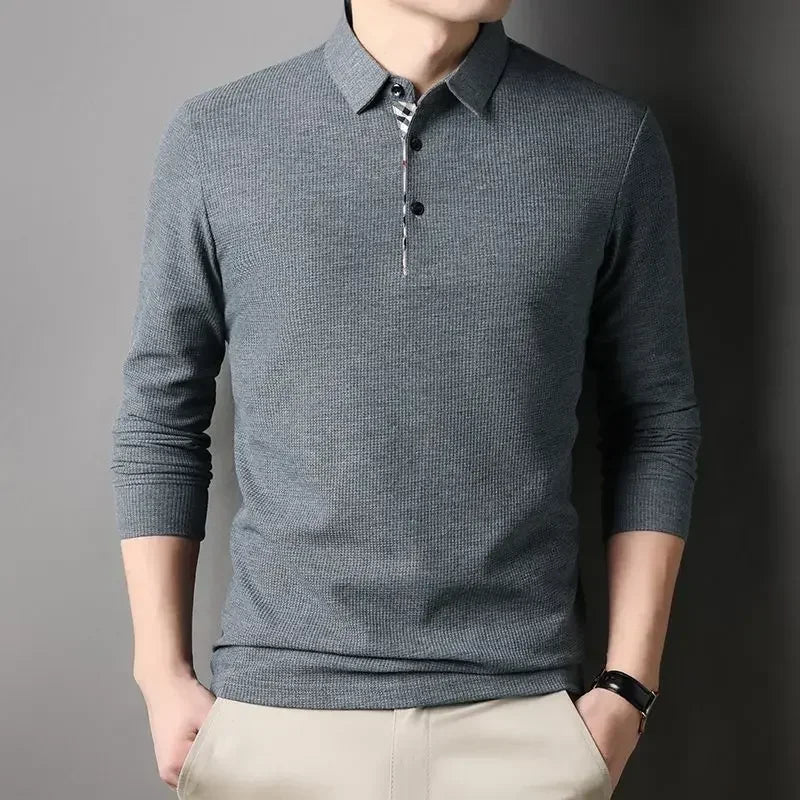 Male Clothes Beige T Polo Shirts for Men Waffle Tops Pullover Y2k High Brand Casual Harajuku Fashion Polyester Long Sleeve F