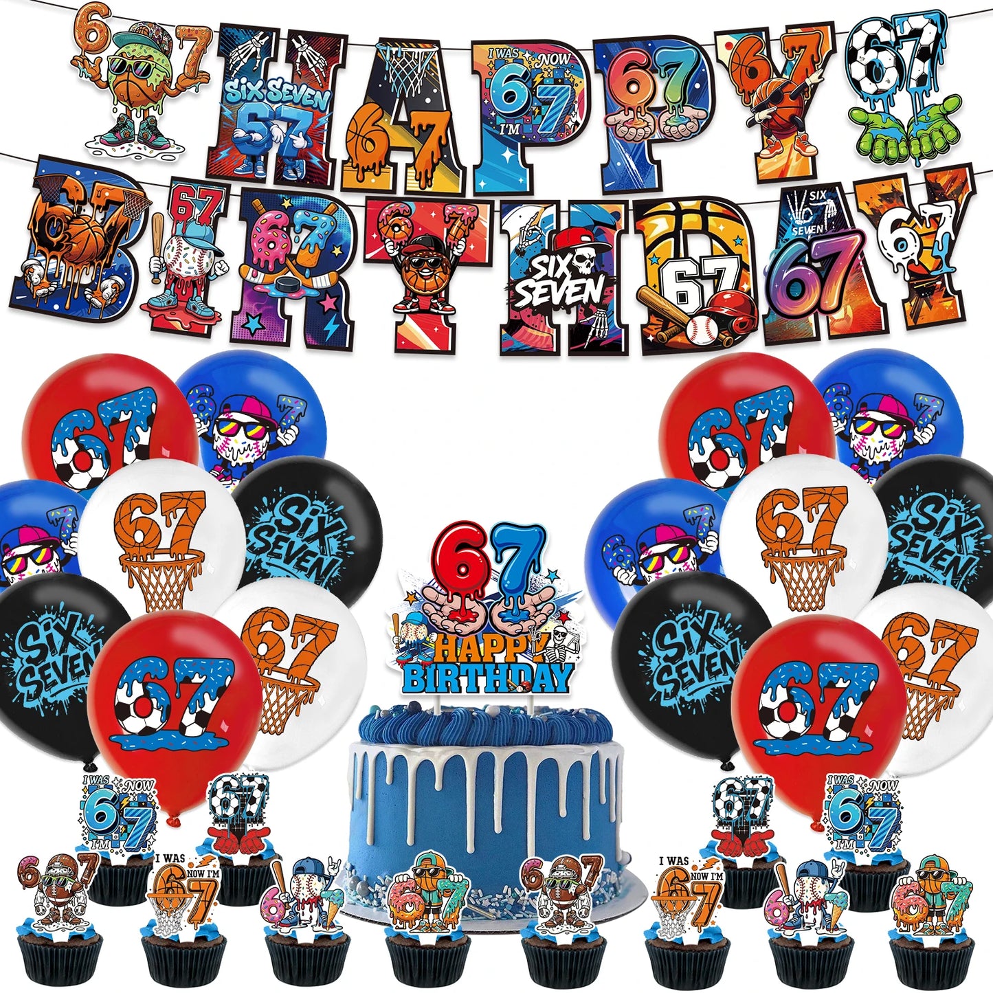 I WAS 6 NOW IM 7 Number 67 Themed Birthday Party Decoration Banner Balloon Cake Toppers＆ Make A Face DIY Stickers Creative Gift