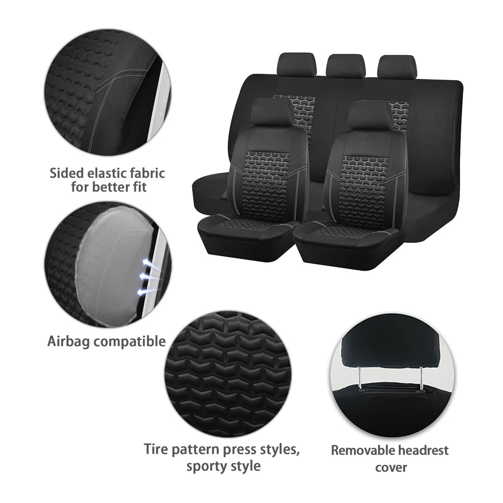 AUTO PLUS Car Seat Covers Tire Texture Press Breathable Fabric Seat Covers for Car 3 Zipper for Rear Seat Backrest