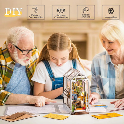 Rolife Gardenhouse Book Nook DIY Dollhouse Bookend Model Kit with LED Light Wooden Puzzle for Bookshelf Decor - TGB06