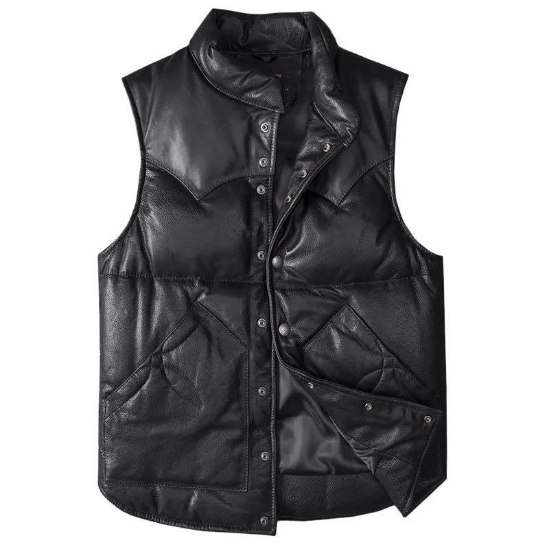 Men's Slim Fit Leather Jacket Sheepskin down Vest Thick Warm Short Flight Suit for Autumn And Winter