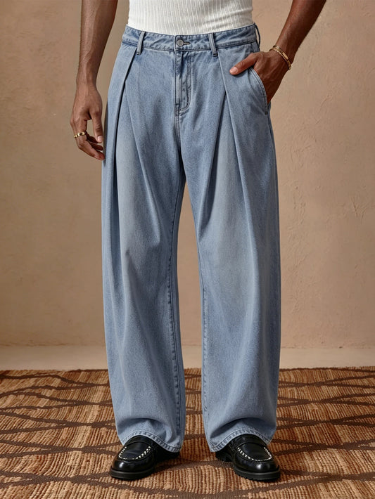 Street Style Men High Waist Straight Pants, Woven Denim Look, Buttoned Pleated, Trendy Italian Fashion, Casual Daily Wear