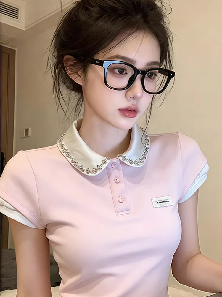 Miu Series Pink Girl Style Doll Collar Short Sleeve  Shirt Women Summer Color Block Fake Two-Piece Shoulder Fit Top