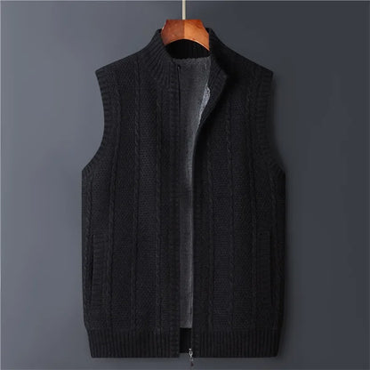 Winter Vest Men Sweater Zipper Warm Thick Male Cardigan Clothing Fleece Wool Liner  Sleeveless Jackets Vintage Black Red