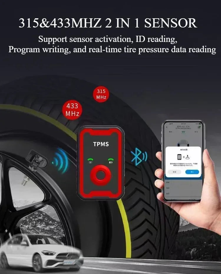 Programmable TPMS Sensors 2 in 1 433MHz+315MHz Program By Cell Phone APP Universal Tire Pressure Monitoring Sensor Metal Valve
