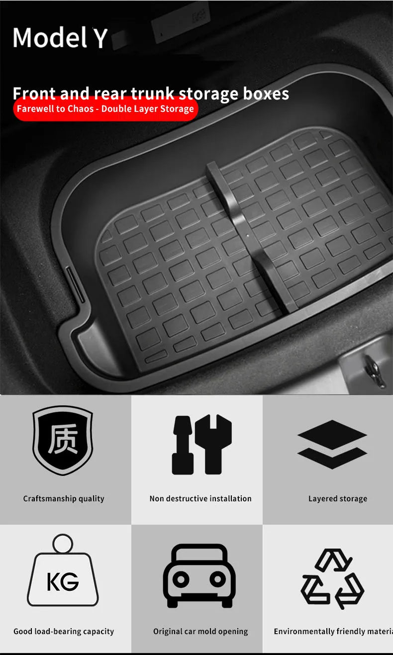 For Tesla Model Y Juniper 2021-2025 Launch Front&Rear Trunk Storage Box Double-Deck Luggage Frunk Organizer Box Dustproof Cargo