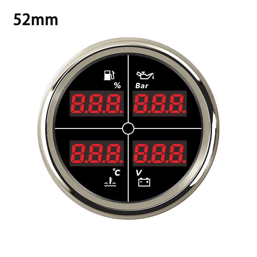 ELING Digital 52mm 85mm Car 4 in 1 Multifunction Gauge with Fuel Level Oil Pressure Water Temp. Voltmeter and 8 Colors Backlight