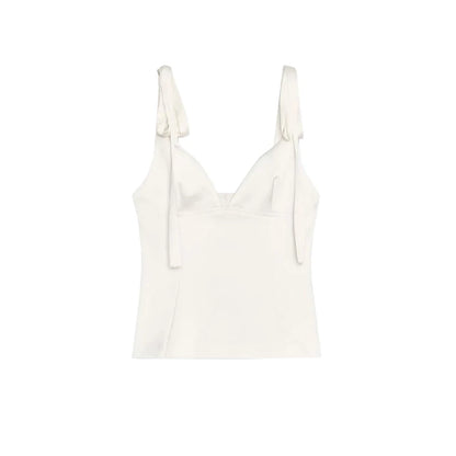 Summer New Women's Simple Style V-neck Sleeveless  Knot Decorated Silk Satin Feel Strap Top Original Design Slim Fit