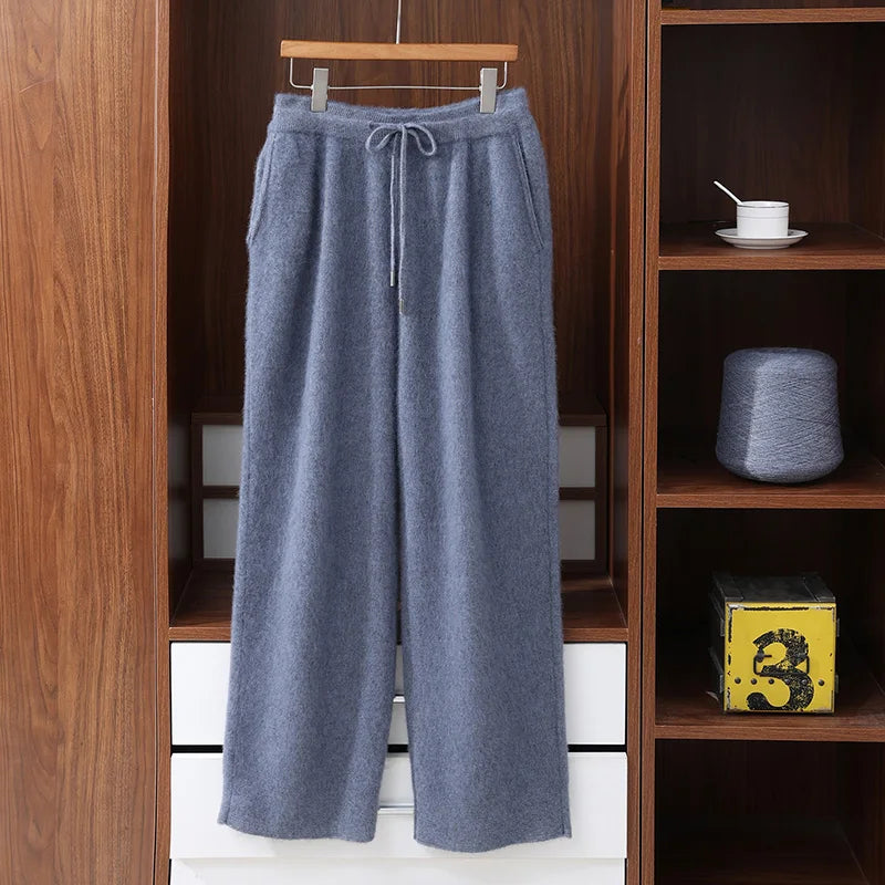 MVLYFLRT Men's 100% Mink Cashmere Thick Wide Leg Pants Comfortable Fit Knitted Luxury Winter Trousers D188