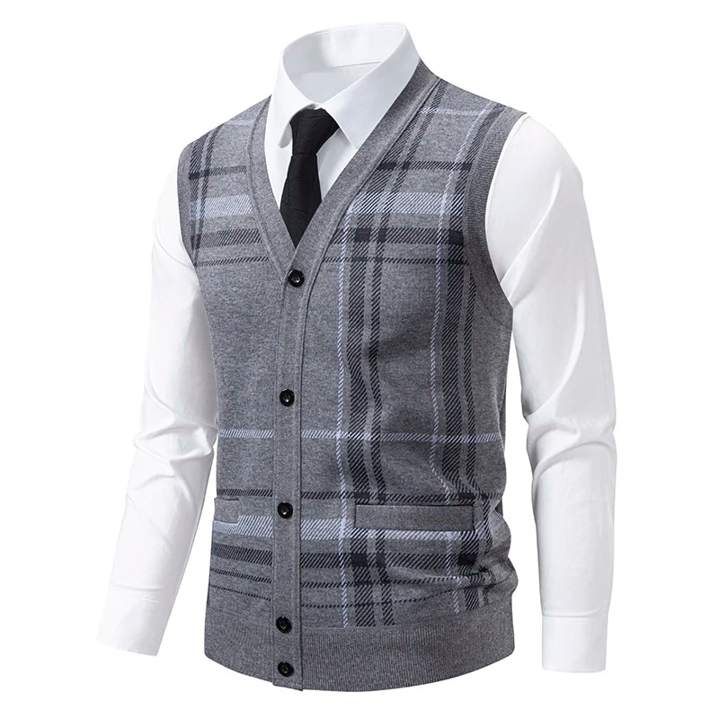 Men's V-Neck Sleeveless Vest Knitted Button Cardigan Geometric Waistcoat Autumn Winter Fleece Lined Knit Vests