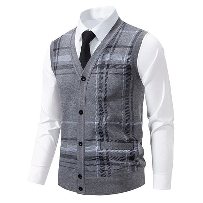 Men's V-Neck Sleeveless Vest Knitted Button Cardigan Geometric Waistcoat Autumn Winter Fleece Lined Knit Vests