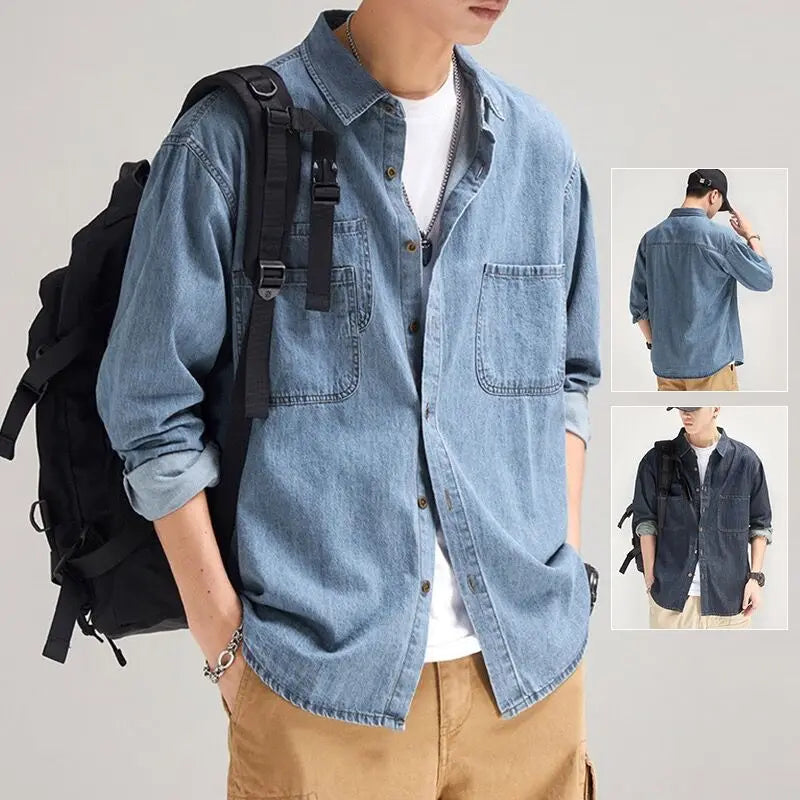 Denim Shirt Men's Long Sleeve Spring and Autumn Boys Japanese Retro Ruffian Handsome Tooling Shirt Gown Casual Jacket Men