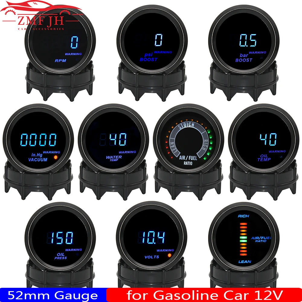 2" 52mm Car Digital Turbo Boost Gauge PSI BAR Water Temp Oil Temp Oil Pressure Gauge Voltmeter EGT Tachometer RPM Gauge Car 12V