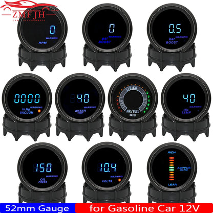 2" 52mm Car Digital Turbo Boost Gauge PSI BAR Water Temp Oil Temp Oil Pressure Gauge Voltmeter EGT Tachometer RPM Gauge Car 12V