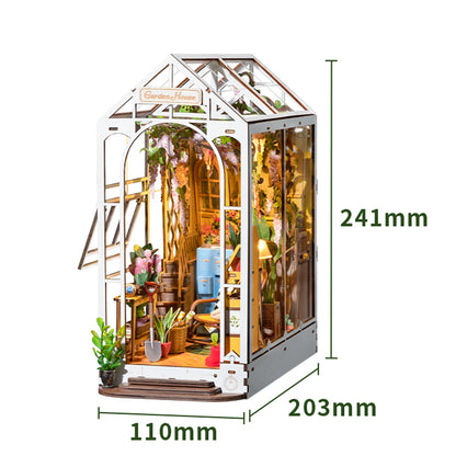 Rolife Gardenhouse Book Nook DIY Dollhouse Bookend Model Kit with LED Light Wooden Puzzle for Bookshelf Decor - TGB06