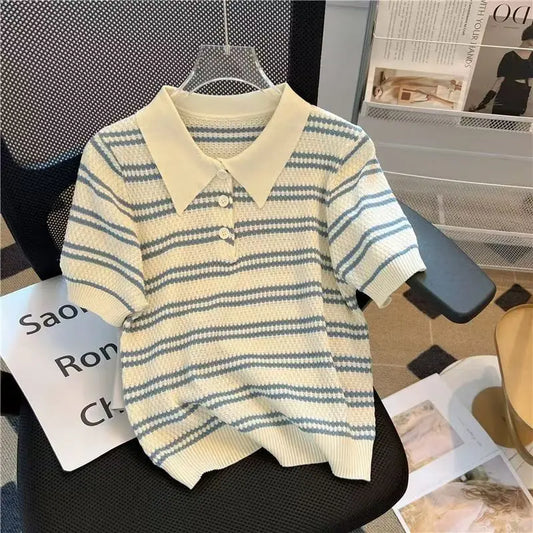 Summer New Polo Collar Fashion Short Sleeve Polo Shirts Women High Street Casual Striped Contrast Color Button Knitting Pullover