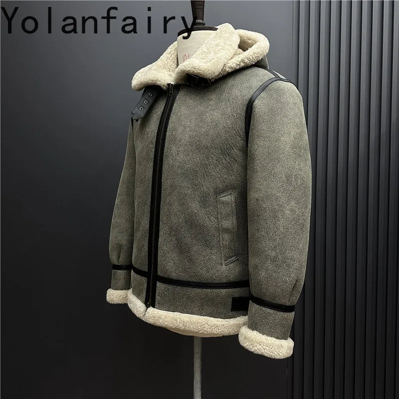 YOLANFAIRY New Natural Fur Coat Man Warm Hooded Winter Real Sheepskin Genuine Leather Jacket Men High Quality Leather Jackets
