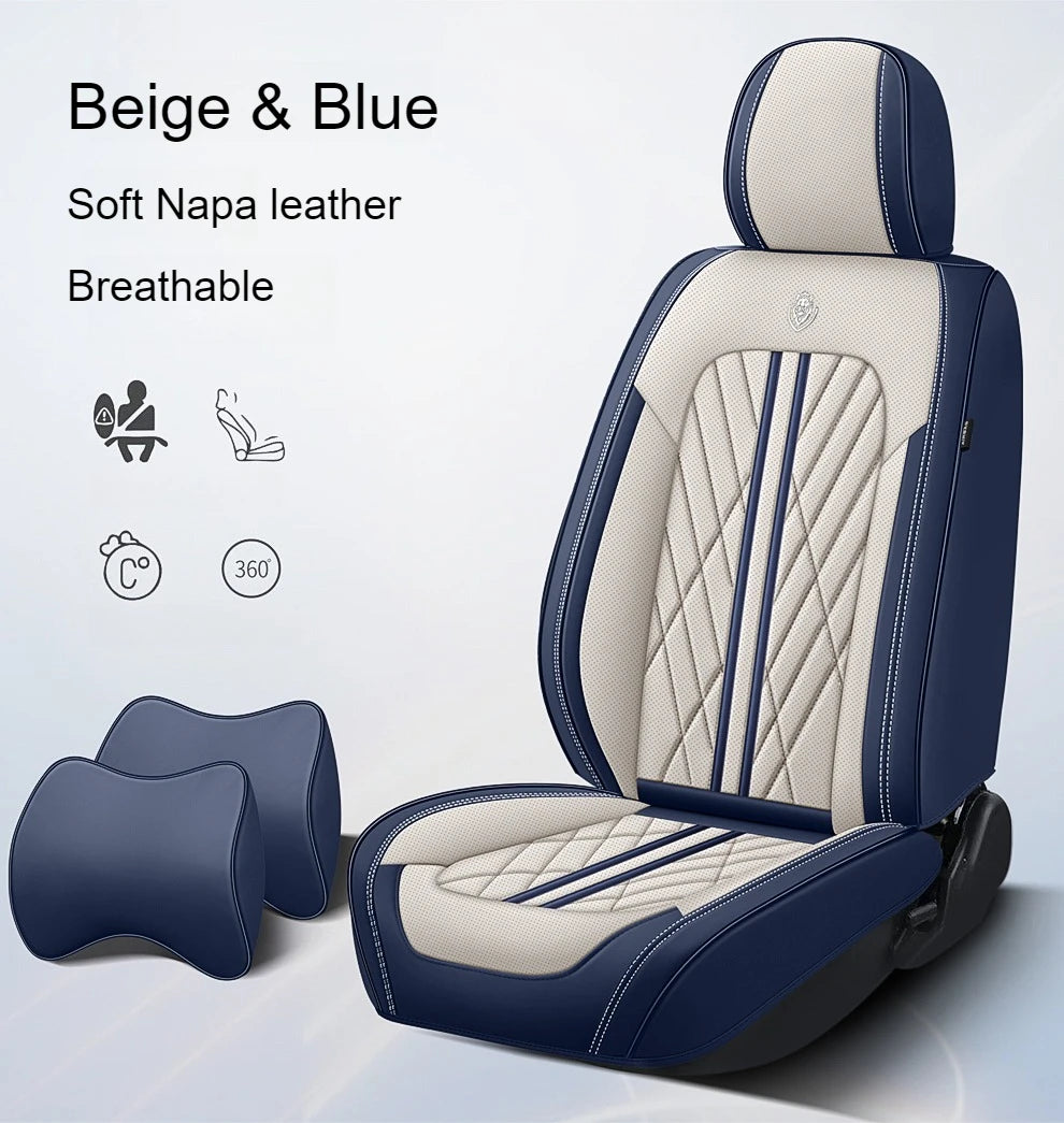Universal fitting waterproof breathable soft Napa leather car seat cover set for cushion protection. Suitable for sedan and SUV