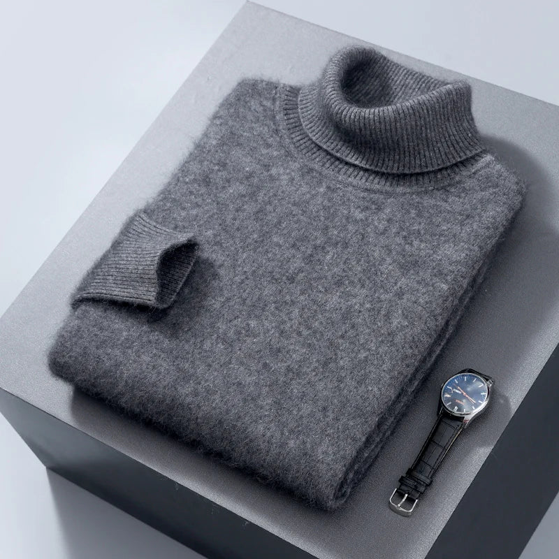 Autumn and Winter Men Loose Turtleneck 100% Mink Cashmere Sweater Men's Casual Thermal Pullover Solid Color Knit Plus-Size Top