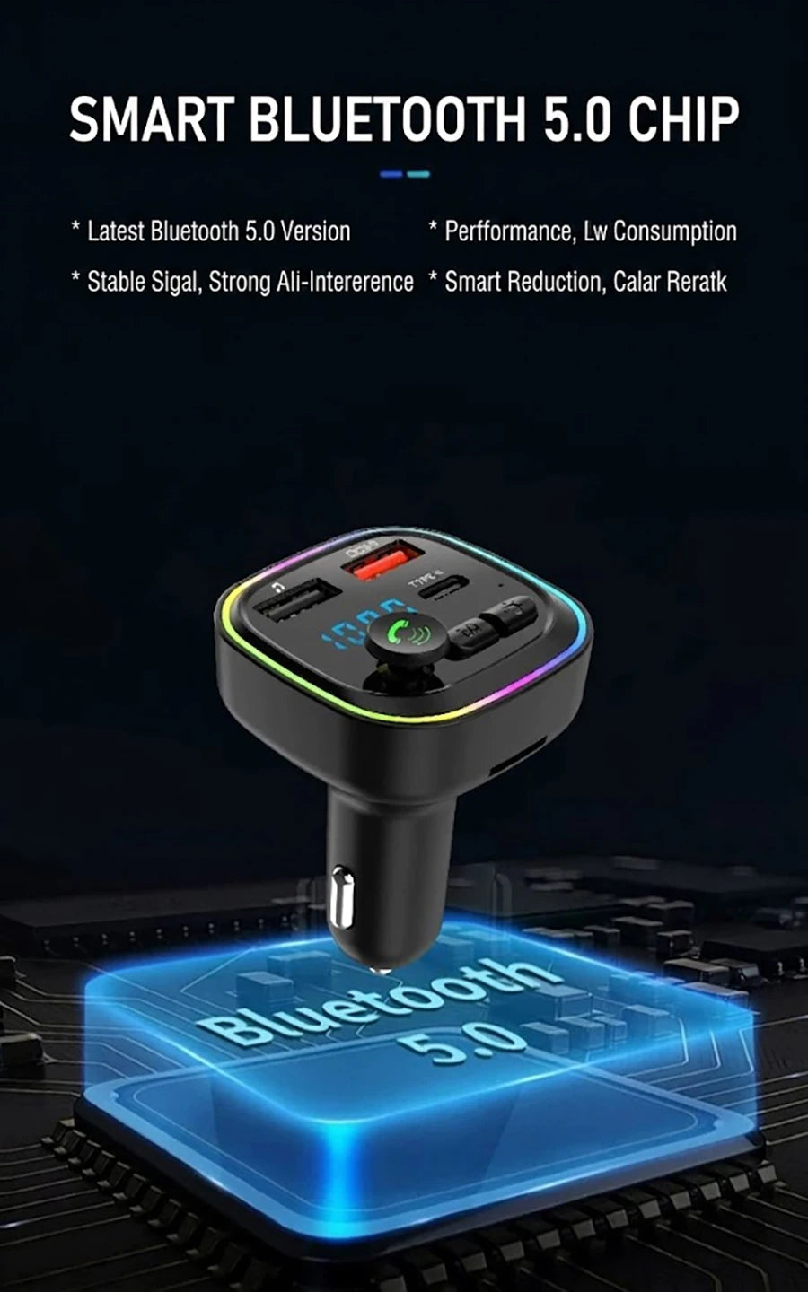 Car Bluetooth FM Transmitter Audio Adapter With RGB Ring Light Dual USB QC3.0 And Type-C Fast Charger Hands-Free MP3 Player