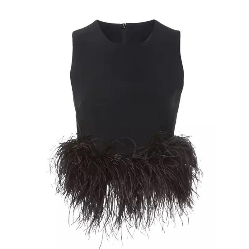 TWOTWINSTYLE Black Patchwork Feathers Korean Fashion Shirt Top Women Round Neck Sleeveless Slim Tops Female 2021 Summer Clothing
