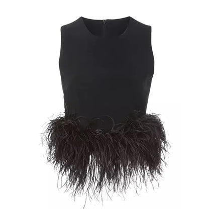 TWOTWINSTYLE Black Patchwork Feathers Korean Fashion Shirt Top Women Round Neck Sleeveless Slim Tops Female 2021 Summer Clothing