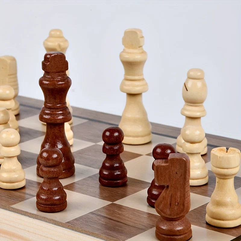 AIUAZA Wooden Chess Board Games, Folding Chess & Checkers Set, Portable Table Games, 2 Extra Queens, Beginner Chess Set For Adul