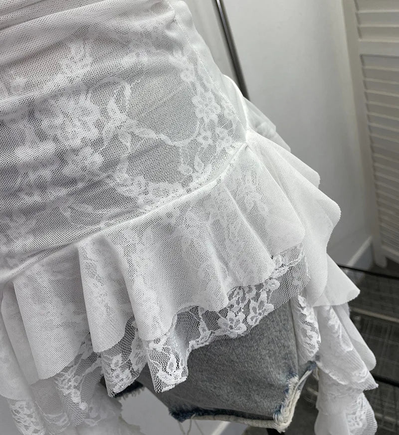 ISAROSE Summer Y2K Camisole for Women Casual Spaghetti Straps Double Layers Lace Stretch Mesh Patchwork Asymmetrical Slim Tops