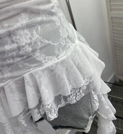 ISAROSE Summer Y2K Camisole for Women Casual Spaghetti Straps Double Layers Lace Stretch Mesh Patchwork Asymmetrical Slim Tops