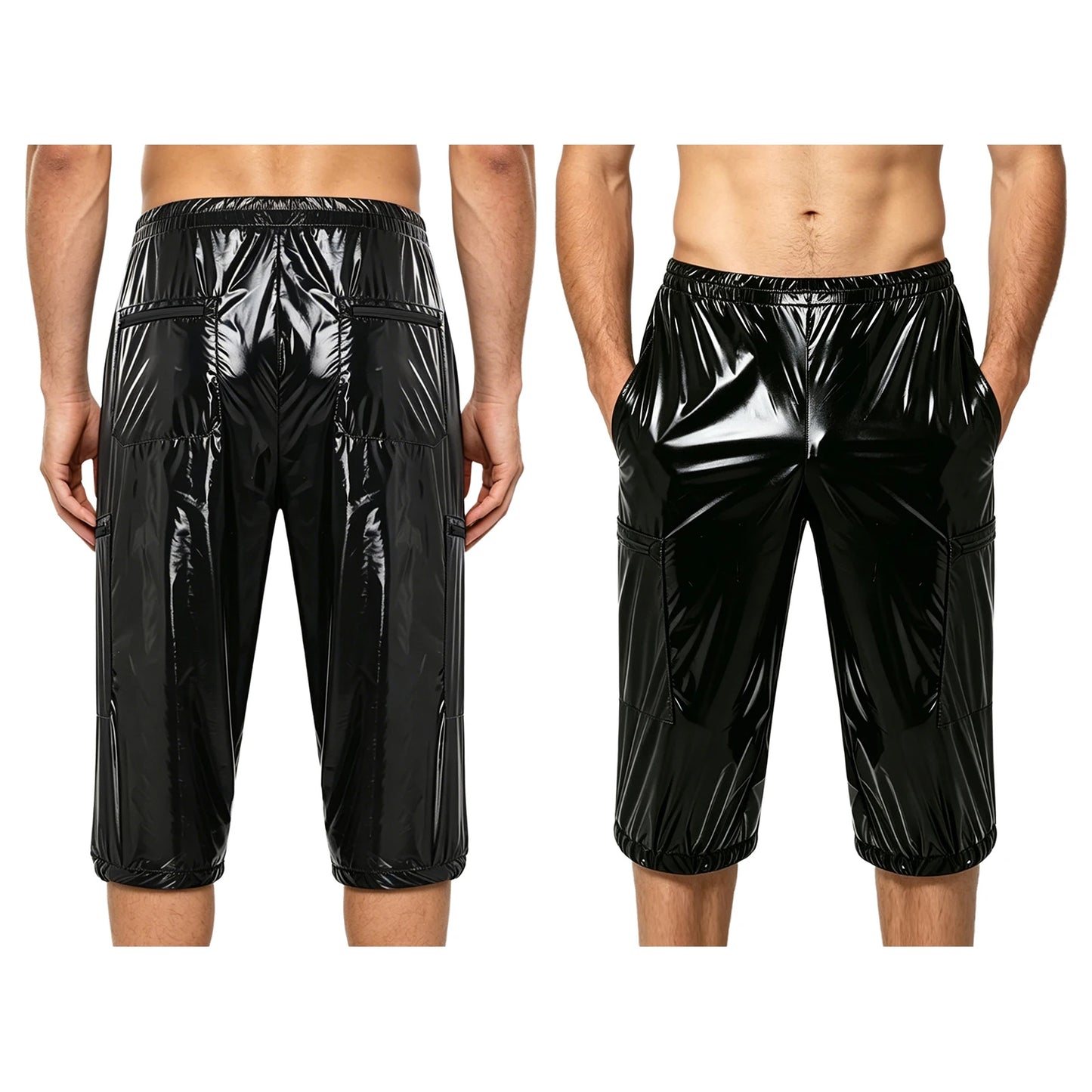 Men Oil Glossy Cargo Shorts Waterproof Elastic Waist Band Multi-pocket Zipper Overalls Capri Pants Dance Clubwear Beach Swimwear