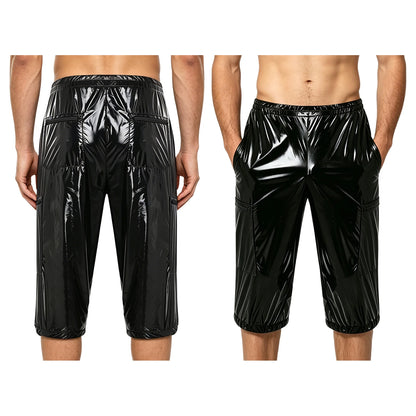 Men Oil Glossy Cargo Shorts Waterproof Elastic Waist Band Multi-pocket Zipper Overalls Capri Pants Dance Clubwear Beach Swimwear