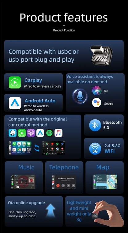 2026 Latest Wireless CarPlay Apapter USB CarPlay & Android Auto,Type-C Port,Converts Wired to Wireless,Plug & Play,Auto-USB