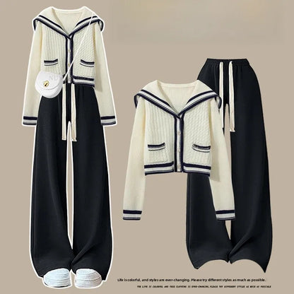 Slimming Wide Leg Pants Navy Collar Knitted Sweater Set Anti-Aging Autumn Fashion College Style Women's Two-Piece Suit Ensemble