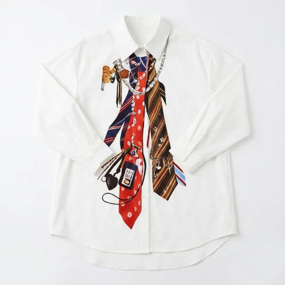 Yeezzi 2026 New Trendy Tie Printed White Shirts For Women Puff Sleeves Loose Buttoned Asymmetric Hem Streetwear Blouses