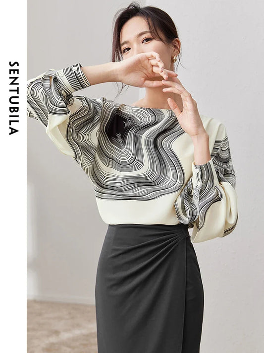 SENTUBILA Printing Chiffon Blouse For Women 2026 Spring Autumn Vintage Elegant Loose Long Sleeve Tops Woman Clothing 133V50742