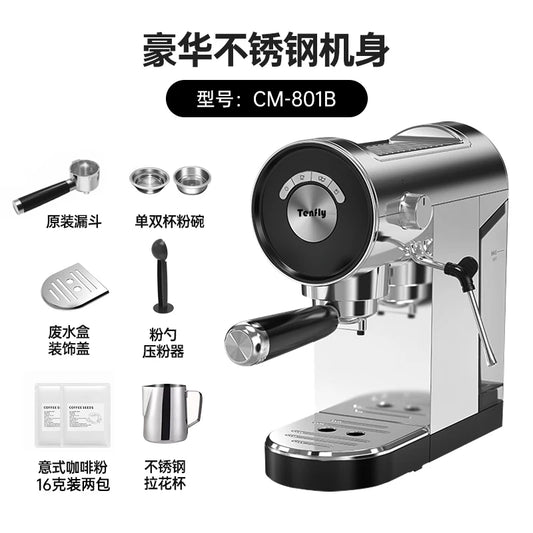 220V Tenfly Semi Automatic Espresso Machine 20Bar Pump Compact Home Coffee Maker with Steam Milk Frother AF
