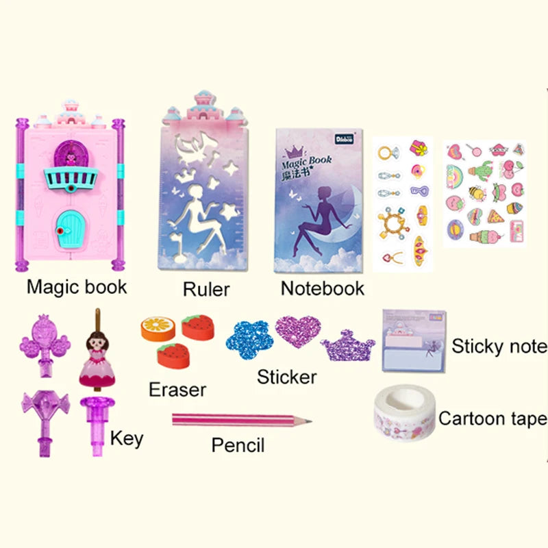 Princess Magic Book Girls Diary Toy With Lock Keys Pencil Sharpener Eraser Sticker Education Supplies Toy Gift for Kid Girl