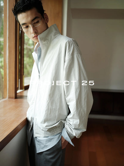 PROJECT 25 Men's Slight Wrinkle Texture Water Resistant Loose Oversized Sporty Casual Stand Collar Zip Up Jacket Coat