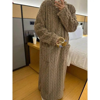 Winter New Long Warm Coral Fleece Home Sleepwear Robe for Women Walking Blanket Style Loose Fit with Pockets Sleep Dress
