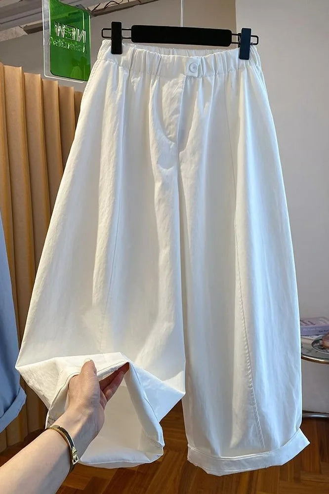 Summer Women White Balloon Pants Elastic Waist Loose Wide Leg Cropped Casual Trousers Lazy Style Hide Fat Breathable Daily Psnts